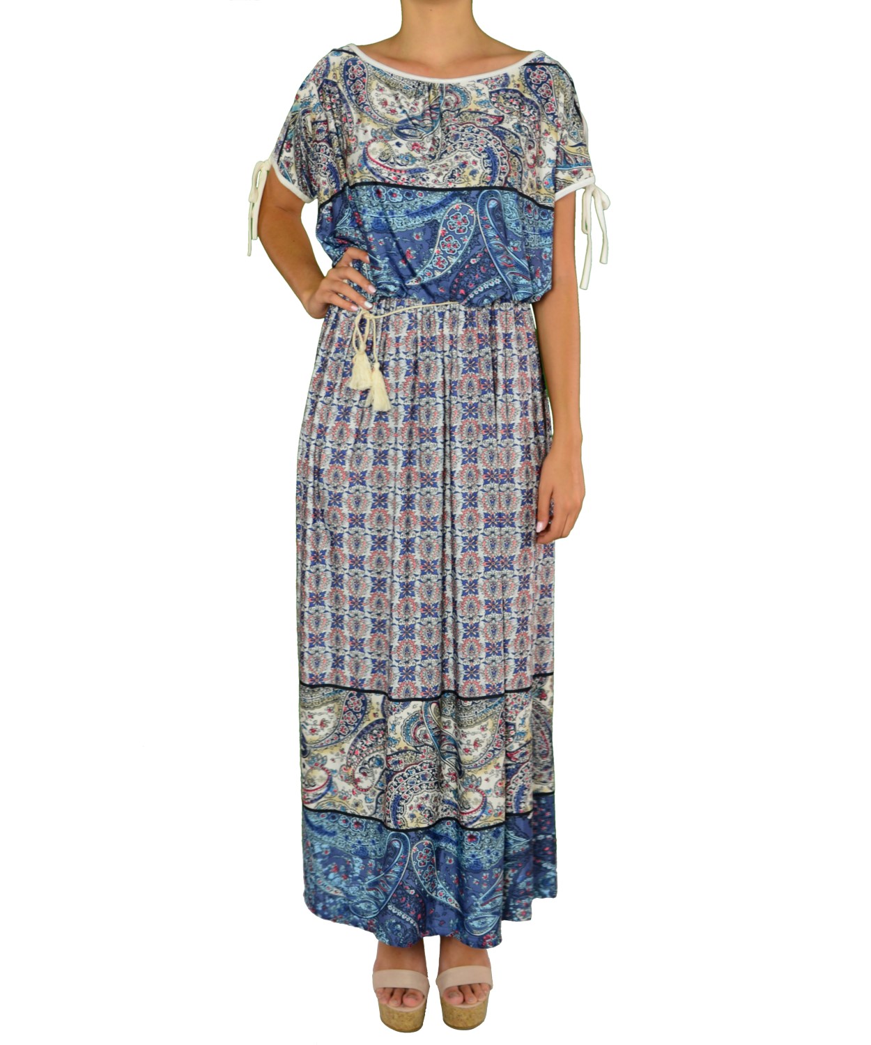 Γυναικείο κοντομάνικο φόρεμα εμπριμέ μπλε 92598D